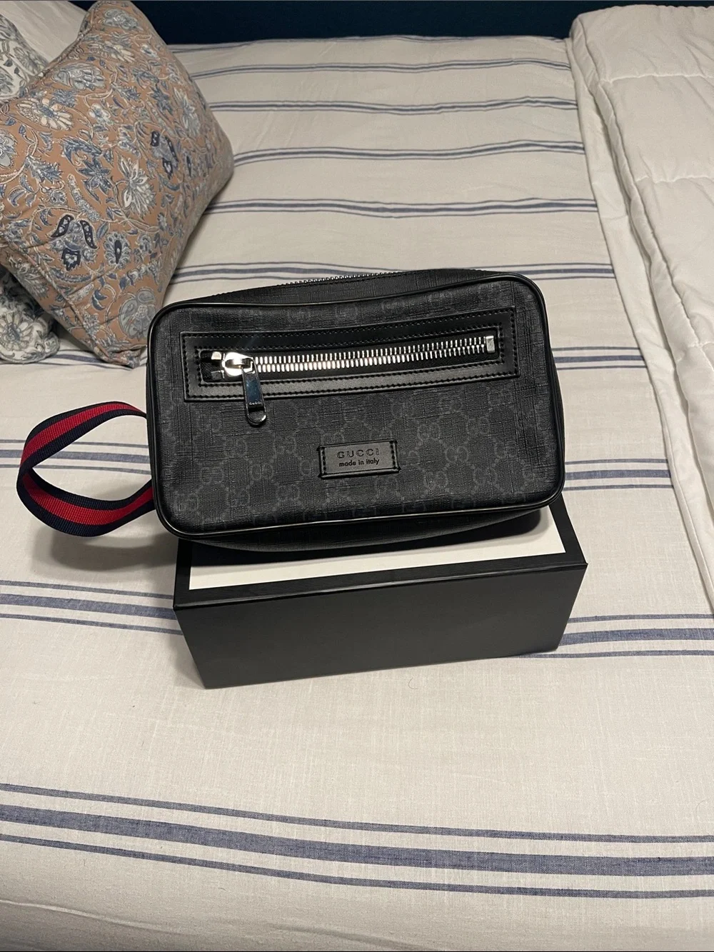 Gucci Black GG Supreme Toiletry Pouch with Red and Blue Web Strap